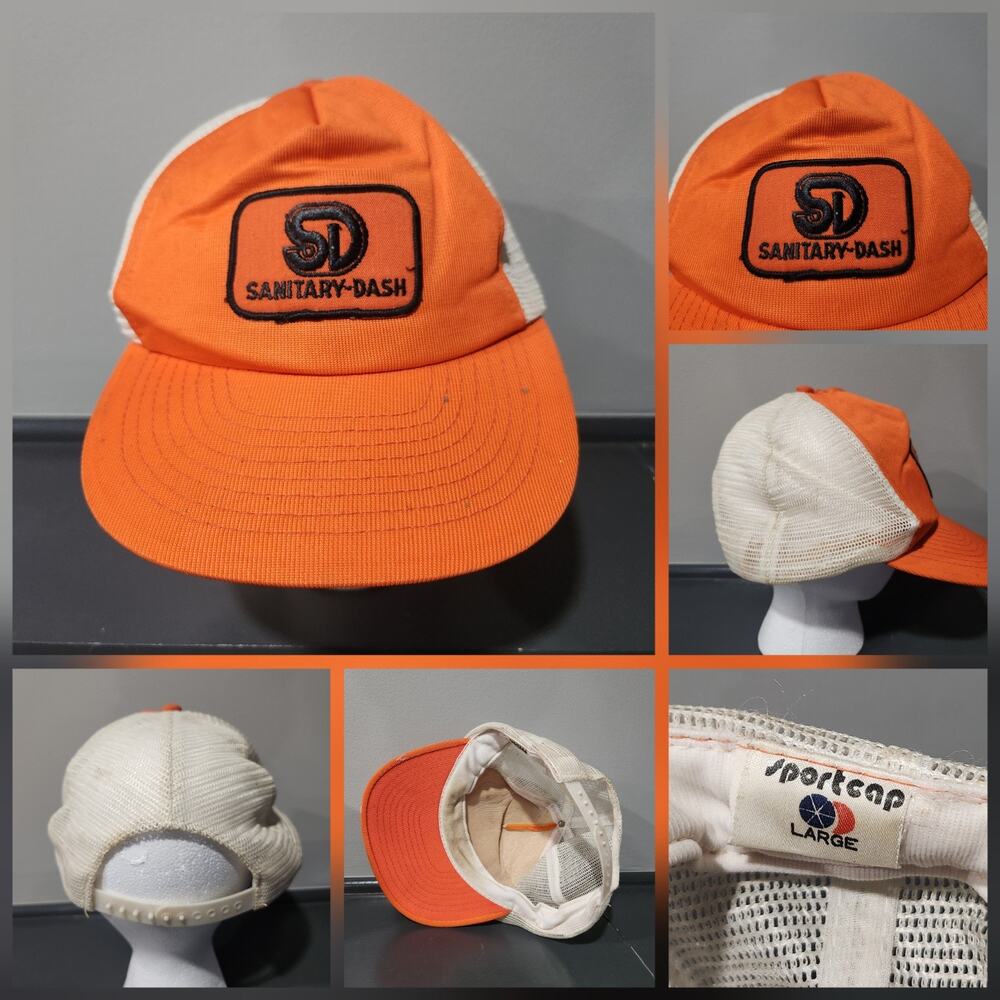 VTG Sanitary Dash Orange Trucker Mesh Snapback Hat Cap Mens L Large